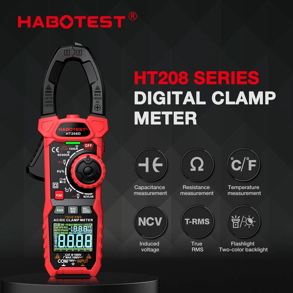 HABOTEST HT208 Digital Clamp Meter 1000A 1000V AC DC Pliers Voltmeter Ammeter Inrush Current VFD Low-Z Electrical Multimeter