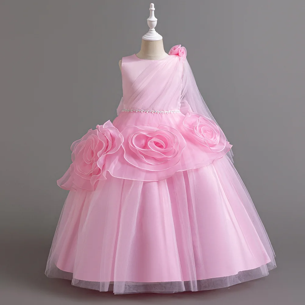 Luxury Rose Flower Girls Dress Formal Occasions Children's Clothing Fluffy Graduation Ceremony Wedding Party Bridesmaid Dresses