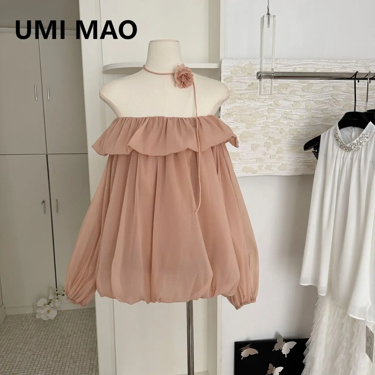 

UMI MAO One Shoulder Top Spring Sweet Orange American Elegant Flower Bud Loose Temperament Chiffon Top For Women