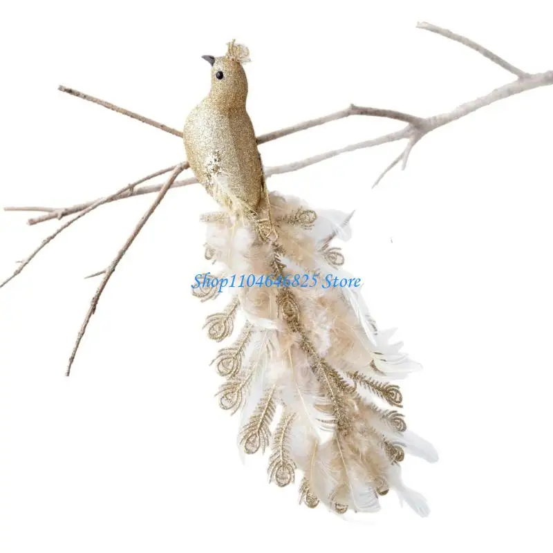 

Realistic Peacocks Ornament With Golden Glitters Feathered For Christmas Tree Home Garden Decorations