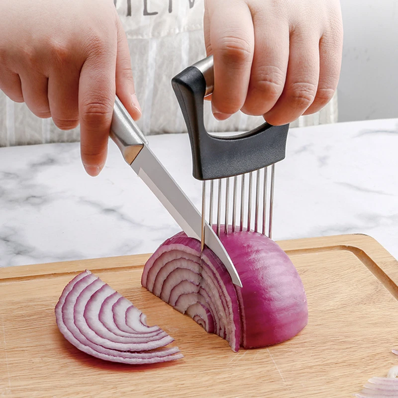 Stainless Steel Onion Cutter Holder Food Slicers Assistant Tomato Onion Slicer Holder Vegetables Cutting Fork Kitchen Gadgets