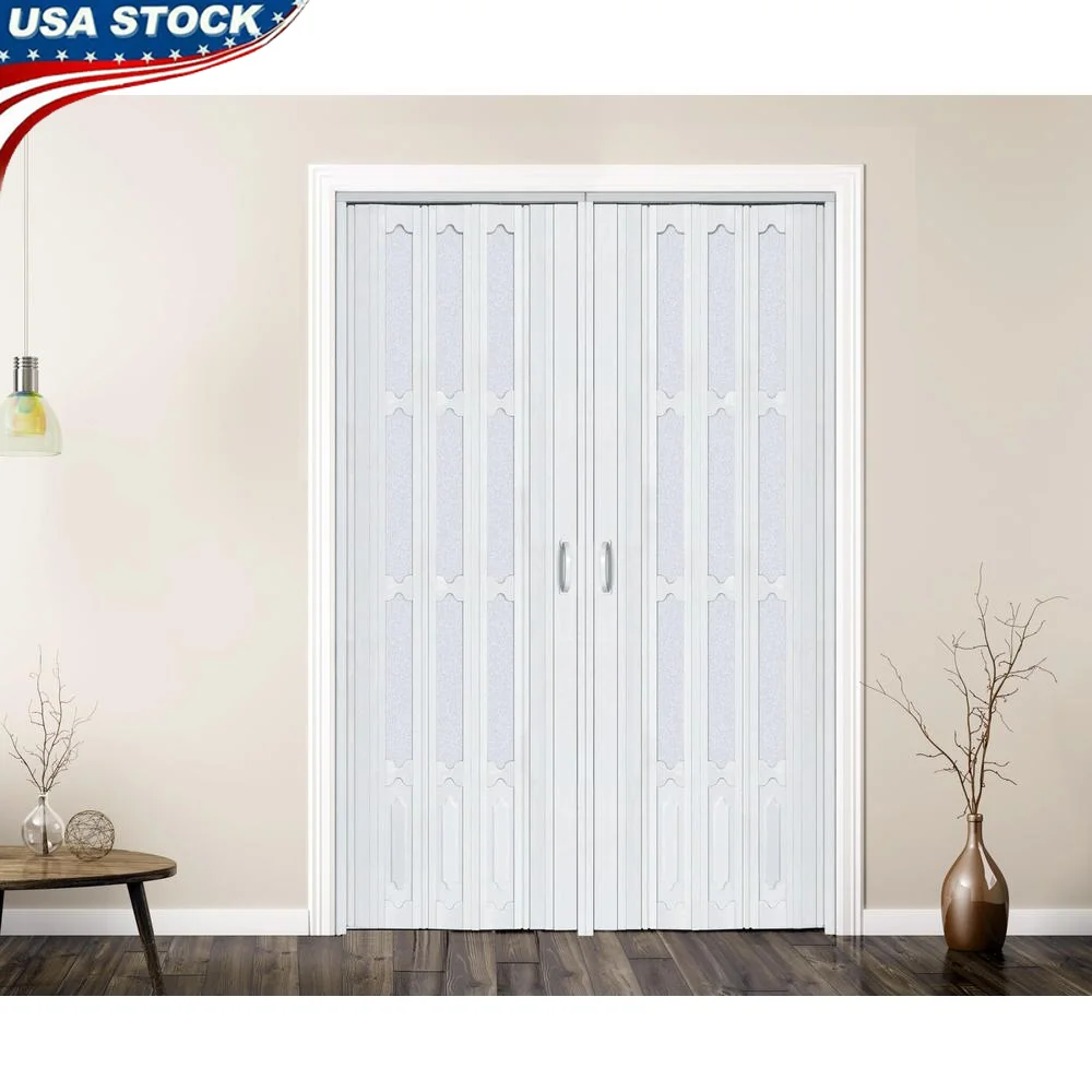 Interior Accordion Door Folding Closet Door 60X80in White Beech PVC Frosted Acrylic Mounting Hardware Handle Latch Durable Easy