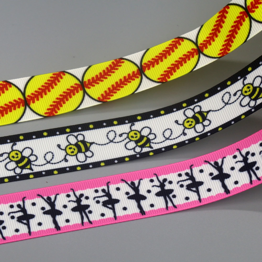 DHK 50yards Bee Ballet Baseball Printed Grosgrain Ribbon Accessories Headwear Decoration Collar DIY Sewing Craft S2414