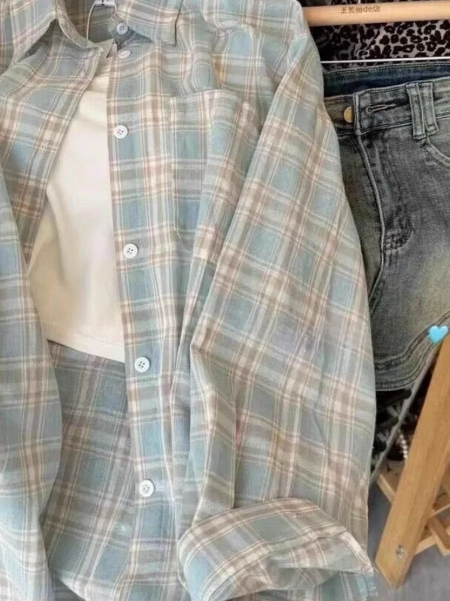 

Blue Plaid Long Sve Women's Casual irt Korean Sle Autumn New Arrival Loose Fit Button ket Cotton Top Trendy BM