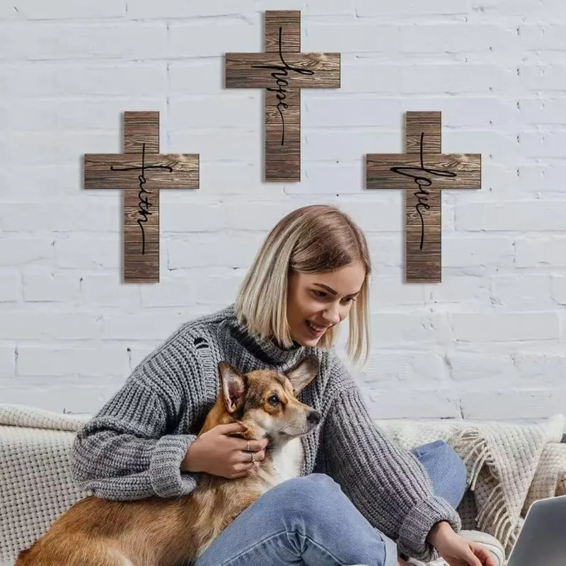 ABAE-Rustic Wooden Cross Wall Decor - Faith, Love, And Hope Hanging Decoration