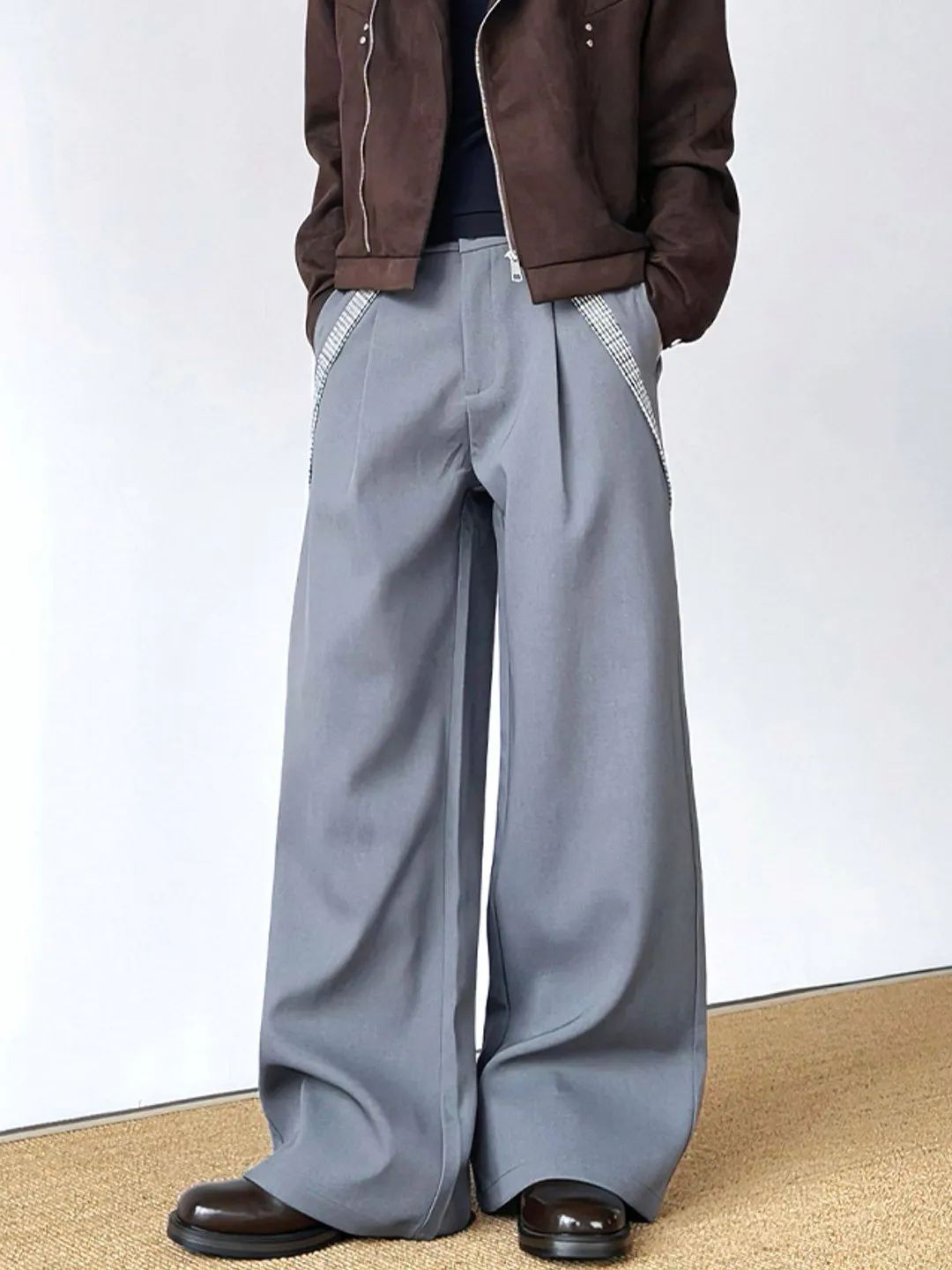 

Cleanfit High Waist Straight Leg Suit Pants Unisex Casual Plaid Splicing Loose Fit Autumn Street Style Youth Popular Jeans