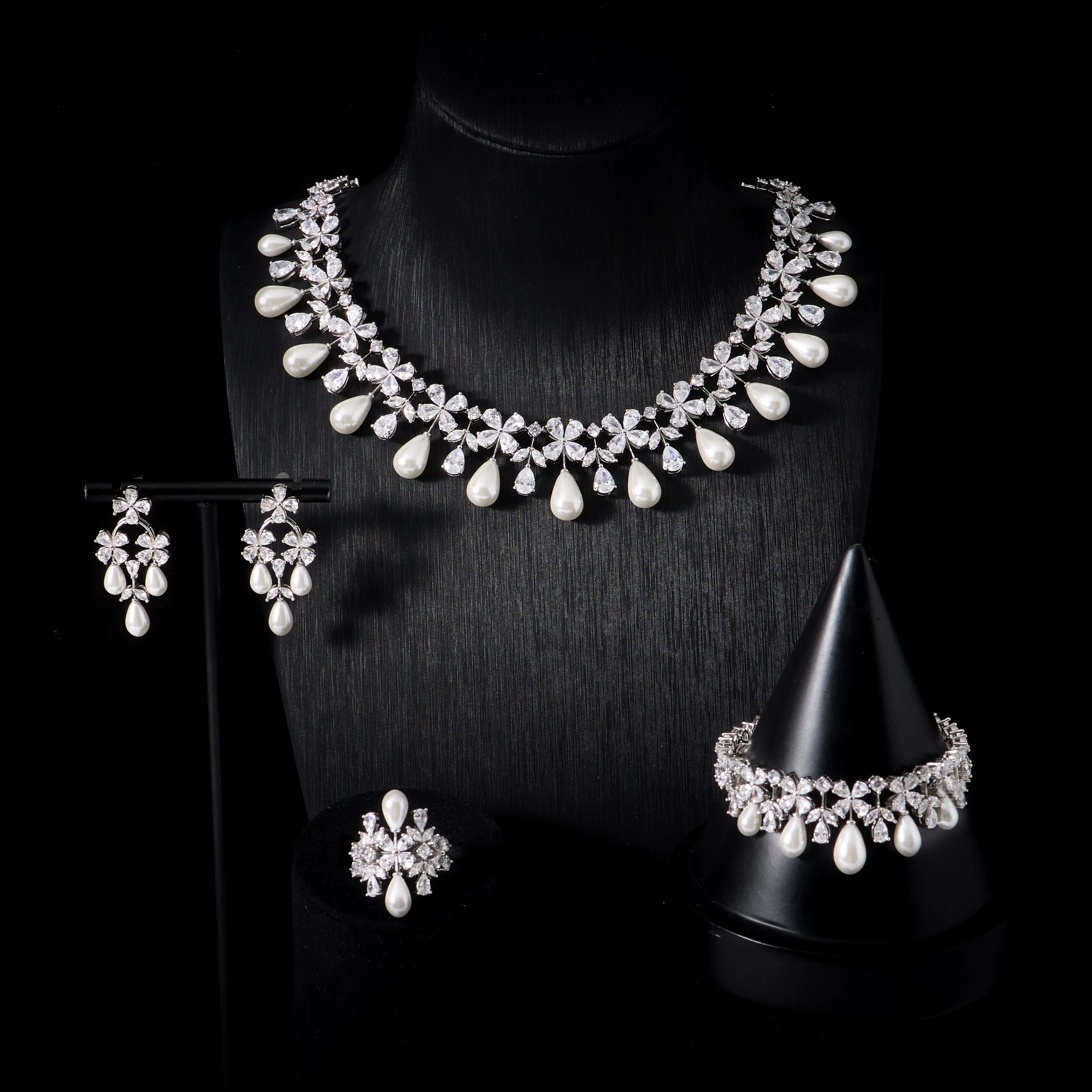 00065 Elegant Pearl 4Pcs Jewelry Set For Women Necklace Earrings Bracelet Ring Set Bridal Wedding Party Prom Gift Accessories
