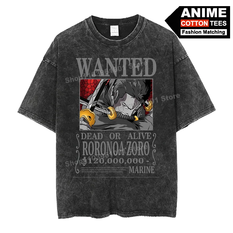 

Retro Washed Street Styl T Shirt Anime ONE PIECE - Roronoa Zoro WENTED Print Clothes Cotton Loose Men Women Short Sleeve Tees