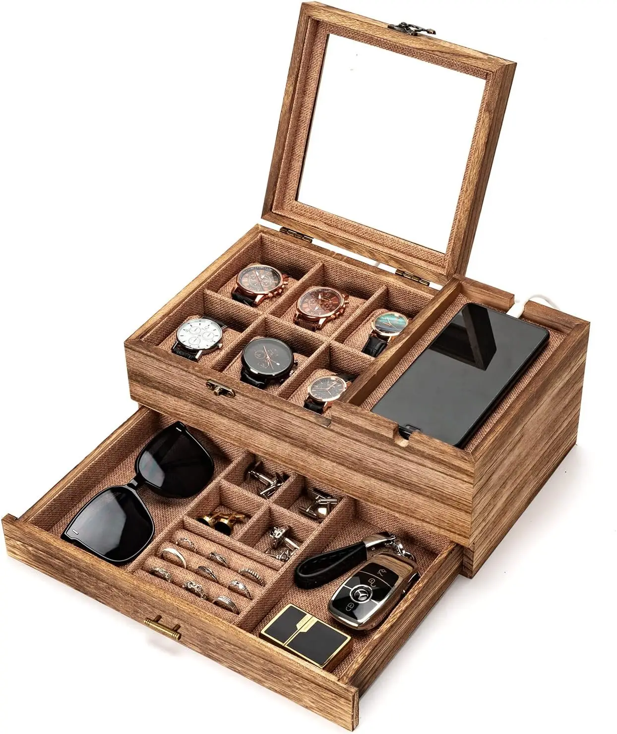 

Деревянная шкатулка-органайзер на 6 часов для мужчин, футляр для хранения и демонстрации ювелирных изделий, подарок парню на День отца или День рождения