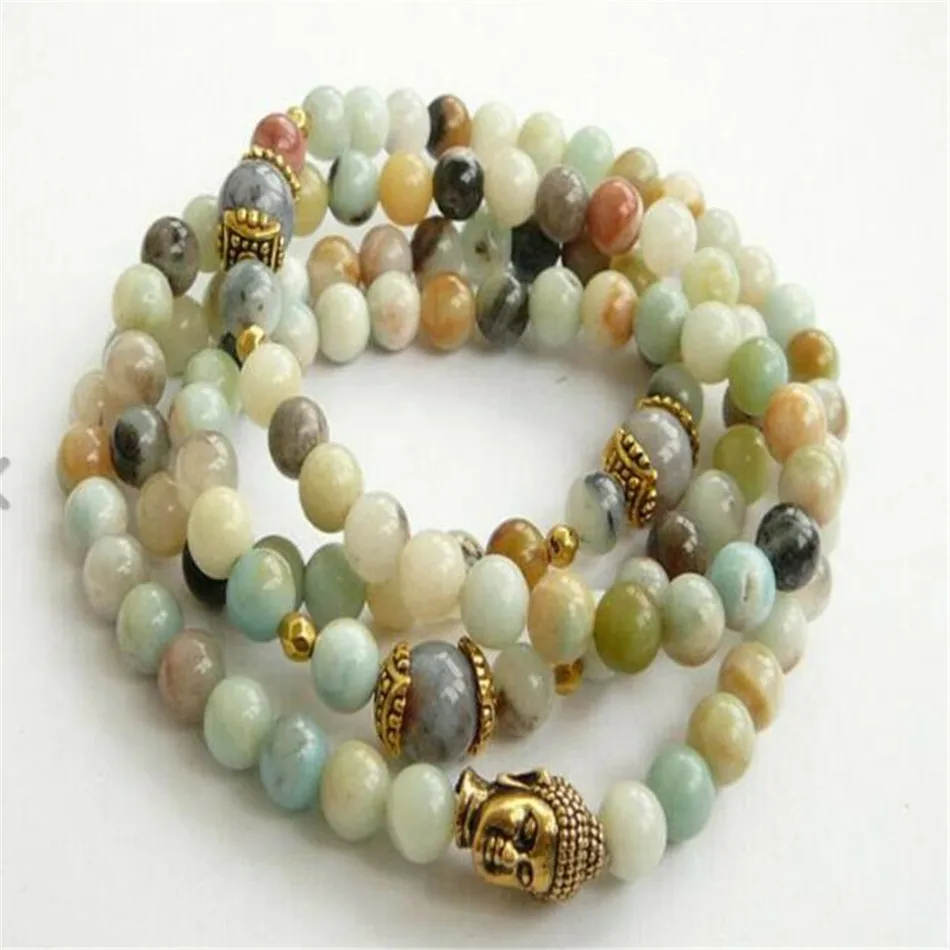 

6mm Amazoniteite Bracelet 108 Beads Buddha Head Link Men's Trendy Gift Chain Women Beaded Buddhist Handmade Mala