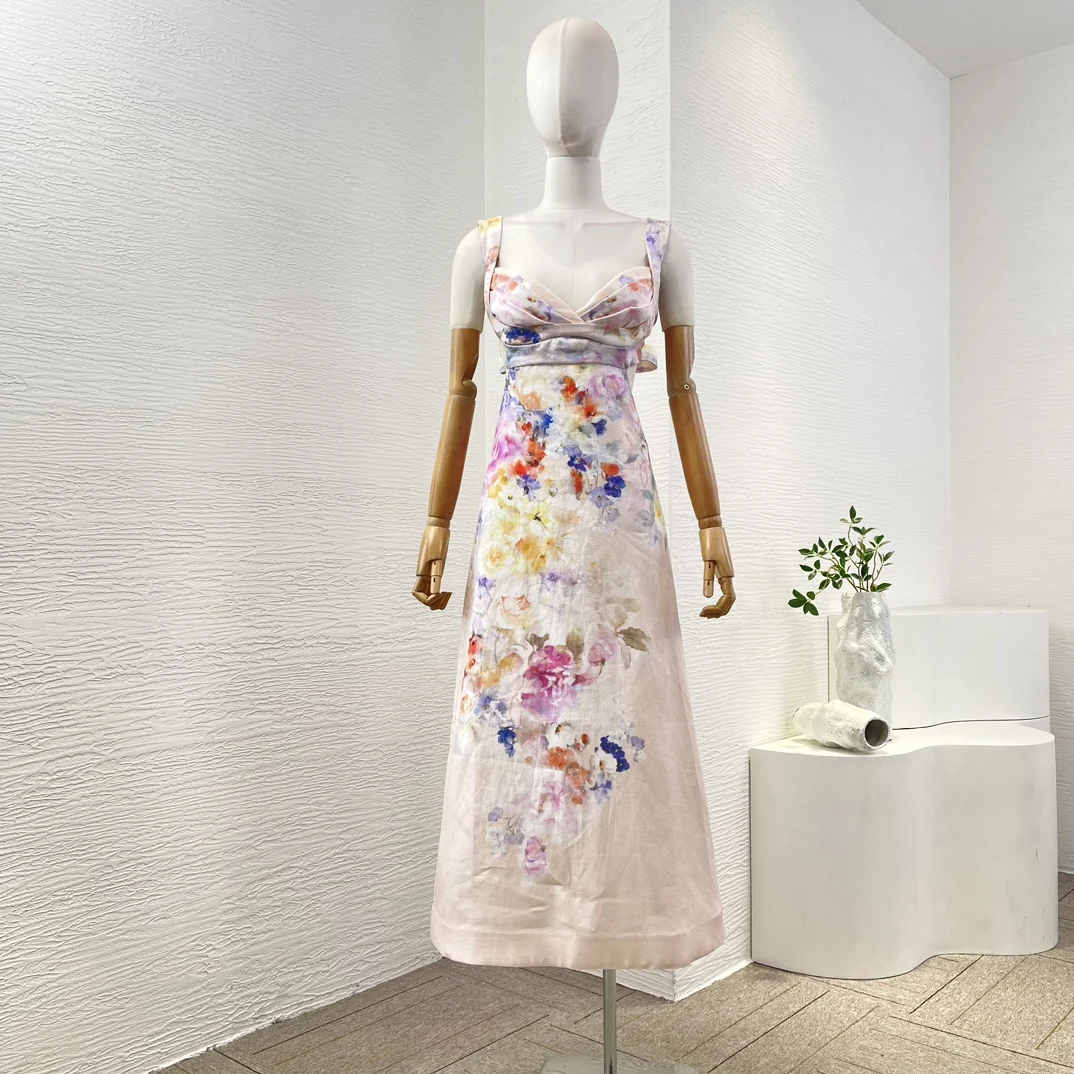 متعدد الألوان طباعة الأزهار بلا أكمام عارية الذراعين قطع الخصر فستان ميدي 2025 تصميم جديد