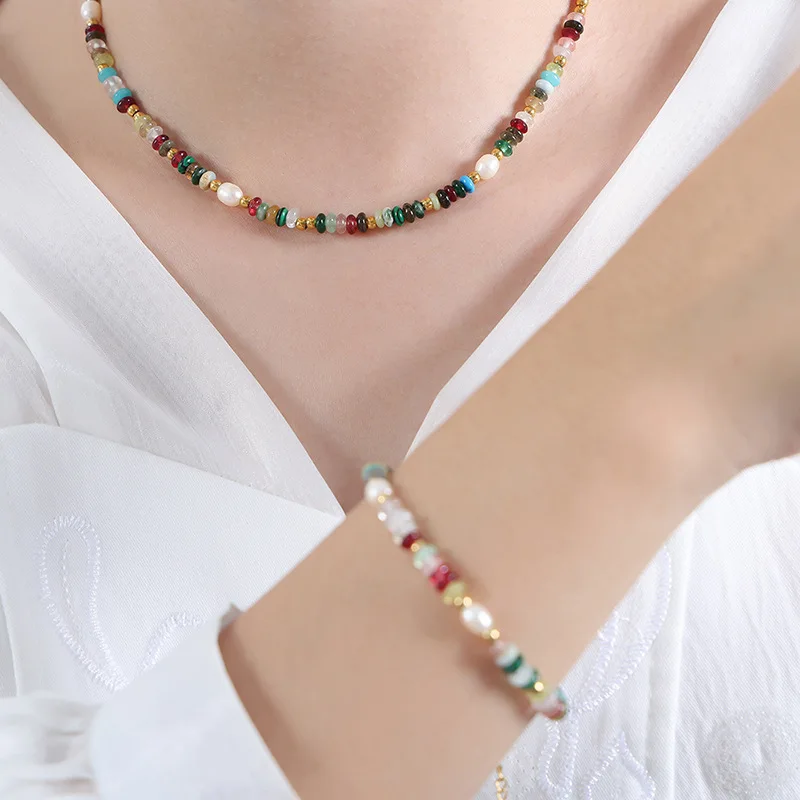 Freshwater Pearl Necklace Colorful Natural Stones Beaded Women's Stainless Steel Two Pieces Set Charm Jewelry