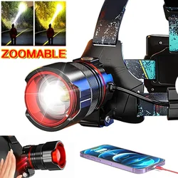 Powerful XHP70 LED Sensor Headlamp Zoomable Type-C Rechargeable Headlight  7800mAh Long Shot Head Lamp White/Yellow for Fishing