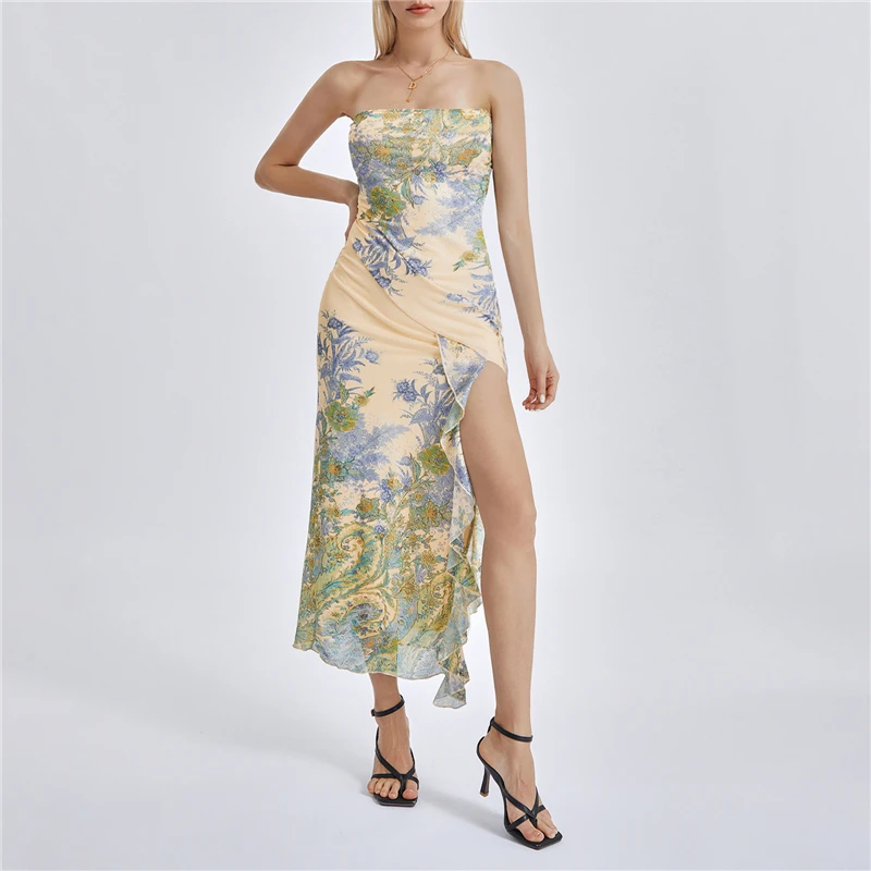 Fashion Women Wrap Chest Bodycon Dress Floral Print Strapless Ruffles Slit Backless Cocktail Dress Summer Party Club Long Dress