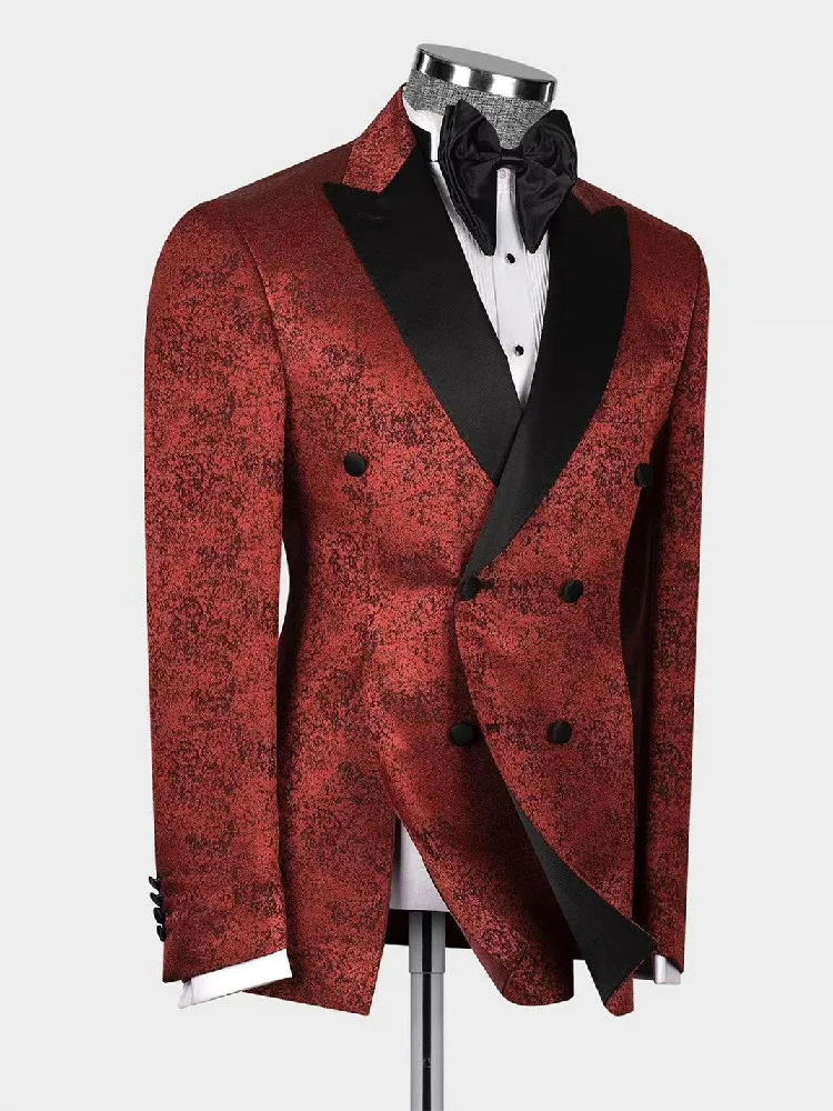 

Burgundy Men's Suit One Piece Blazer Double Breasted Jacquard Peaked Lapel Business Tuxedo Formal Wedding Groom Costume Homme