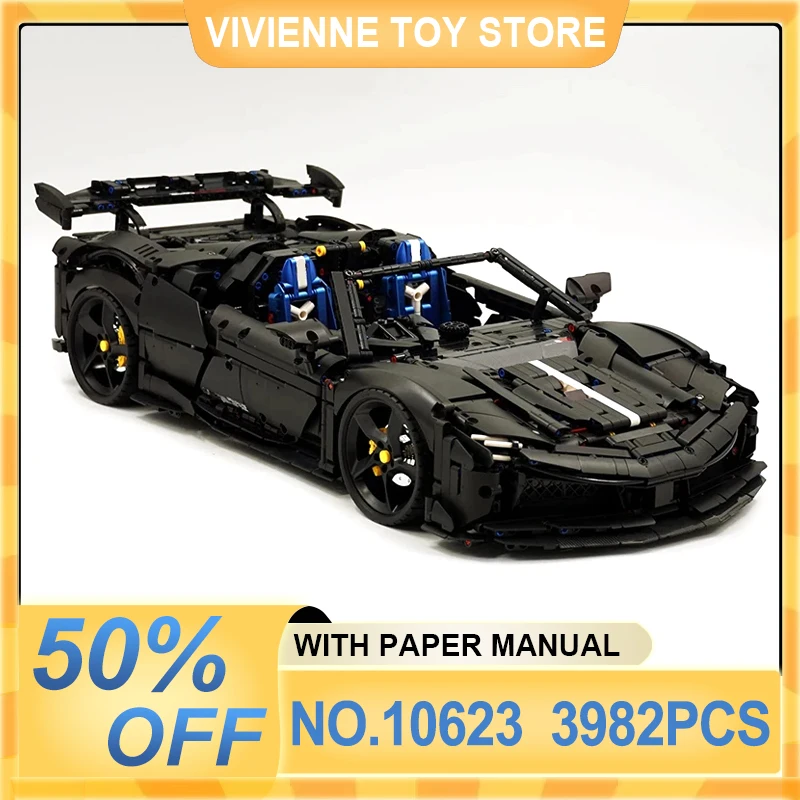 New Gustom Black 1:8 10623 High-Tech Speed Sports Car Building Blocks Hypercar Model Brick Puzzle DIY Toy Christmas Gift For Kid