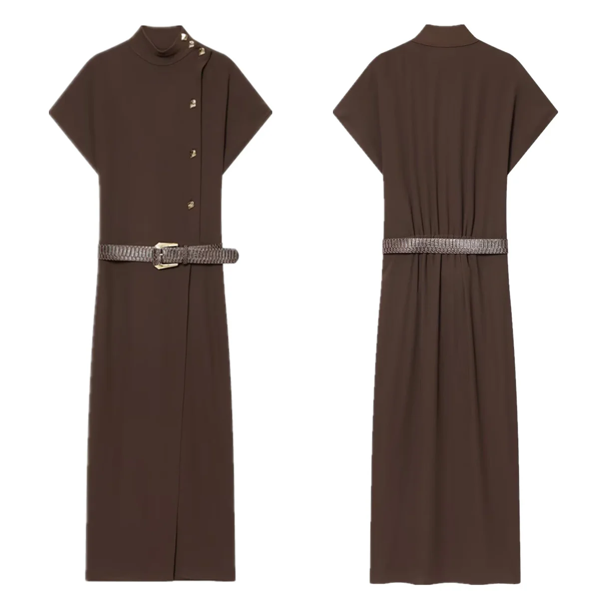 

Maxdutti Elegant Party Dresses Womens Dresses French Fashion Women's Coffee Colored Elegant Dress Gold Button MIDI Dress With Be