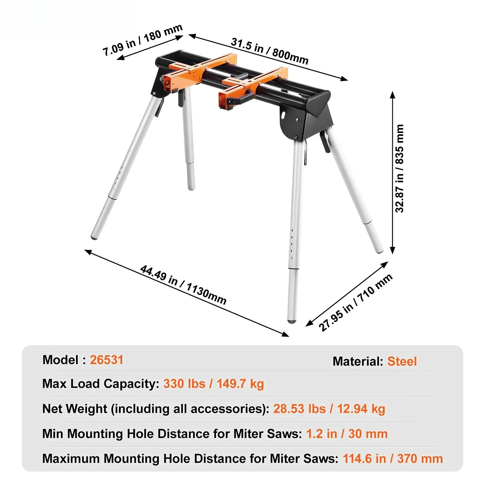 Miter Saw Stand 330lbs Load Capacity Steel 29.1"-32.9" Adjustable Height