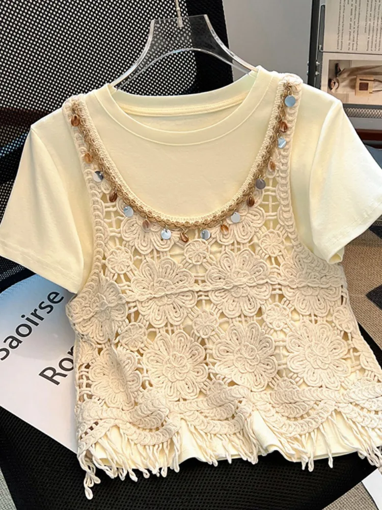 

n Sle ell Tassel Hollow Knitted Cover up Vest ort Sve Women's Two Piece Set Korean Loose Fit round Ne Cotto...