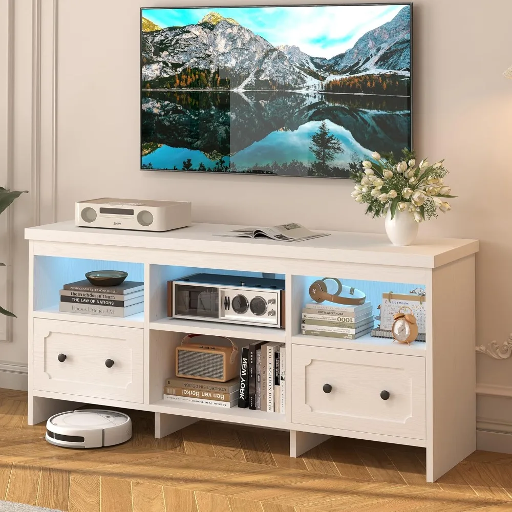 

LED TV Stand, Entertainment Center W/Storage Cabinet , Power Outlet Open Shelf, Media Console TV Cabinet W/Drawers for Live Room