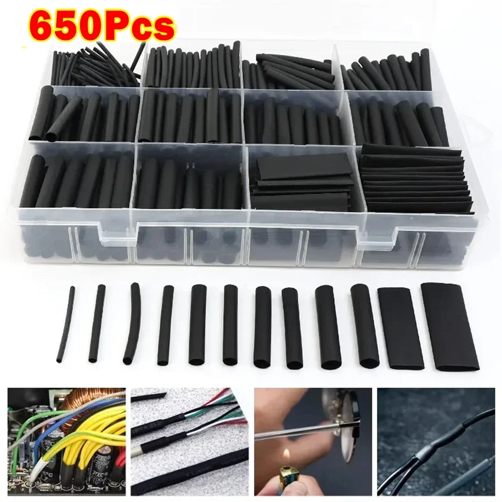150/650-teiliges Schrumpfschlauch-Set, industrieller Schrumpfschlauch, schwarz, für elektrische Verbindungen, Kabel, Isolierhülsen, Schutz