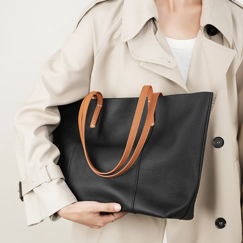 

New Cowhide Handmade Tote Bag Women's Commuter Bag Large Capacity Portable Shoulder Bag Large Bag Shoulder Bag