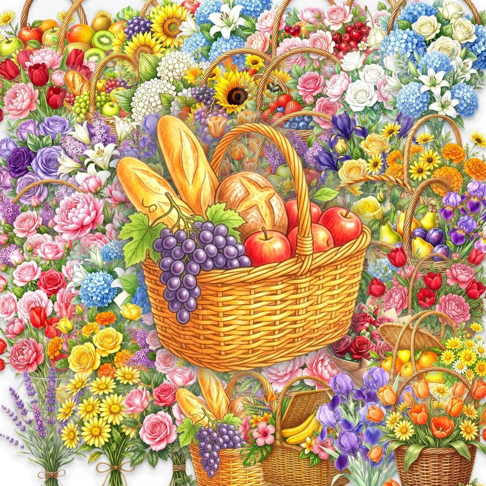 50PCS Transparent PET Stickers Vibrant Flower Sea Vase Pattern Decorative Decals for Item Beautification Decoration Accessories