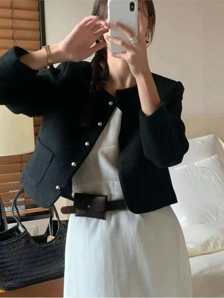 

Woman Korean Basic Casual Tweed Short Coat Chic New Style O Neck Single Breasted Office Lady Jacket Chic French Elegant Clothes