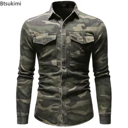 Nuevo 2025 camisas de mezclilla para hombre, camisa de camuflaje con solapa suave a la moda, chaqueta informal ajustada para hombre, camisetas de vaquero para escalada al aire libre, camisa para hombre