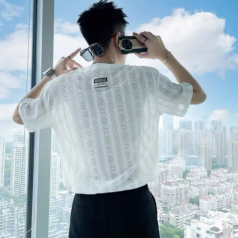 

Men's Hollow Out Ice Silk T Shirts Summer New Solid Simplicity All-match Trend Tops Tees Street Casual Fashion Men Clothing