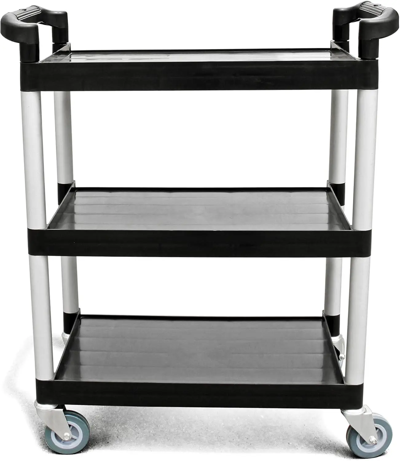 Pound Plastic 3-Tier Utility Bus Cart with Locking Casters, 32" x 16" x 38", Black