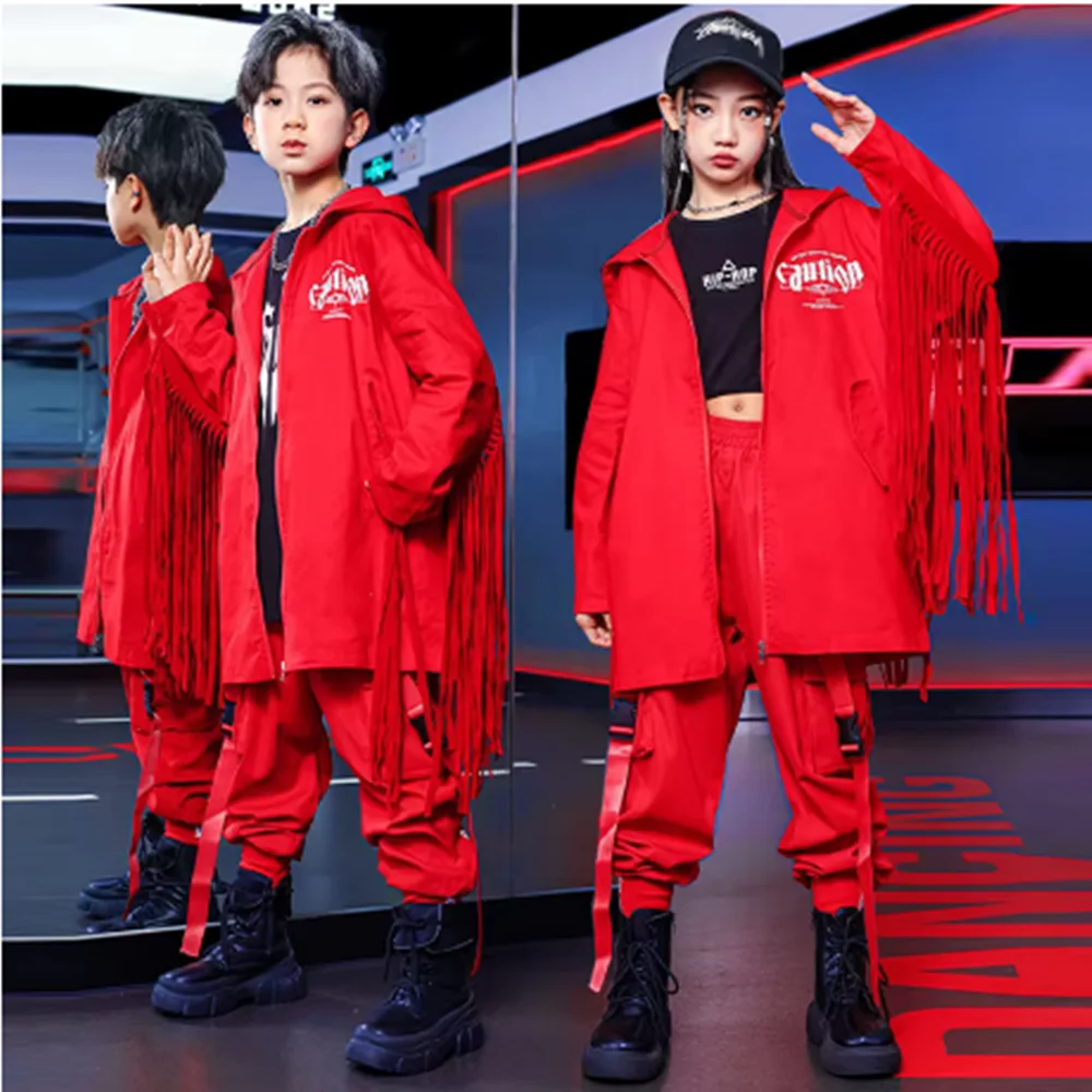 

Red Hip Hop Set Street Dance Team Performance Outfit Children Jazz Dance Stage Costume Boys Jacket With Tassel Pocket Pants y27