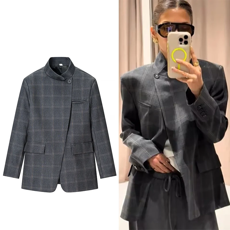 

Шикарная повседневная клетчатая куртка женская мода с воротником-стойкой и длинным рукавом с разрезом свободные короткие куртки 2026 женское повседневное пальто для поездок на работу ﻿