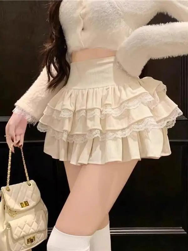 plus Size Lace A-Line Skirt Women's Autumn Winter Slimming Tummy Control Anti-Light Cake Skirt Female Fashion