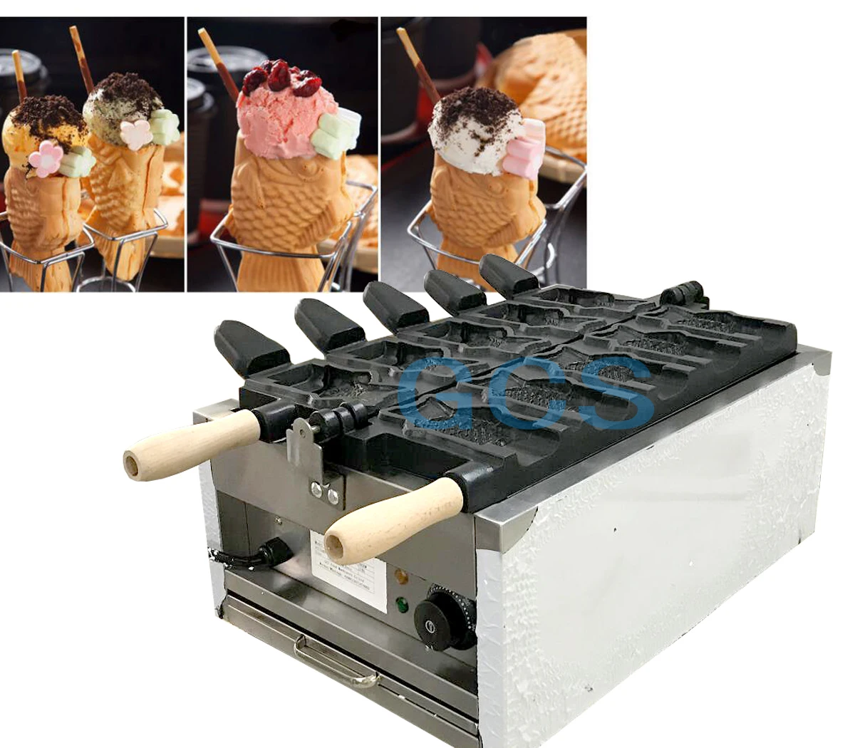 Electric 5 pcs Ice Cream Taiyaki maker Machine Open Mouth Fish Cone Maker