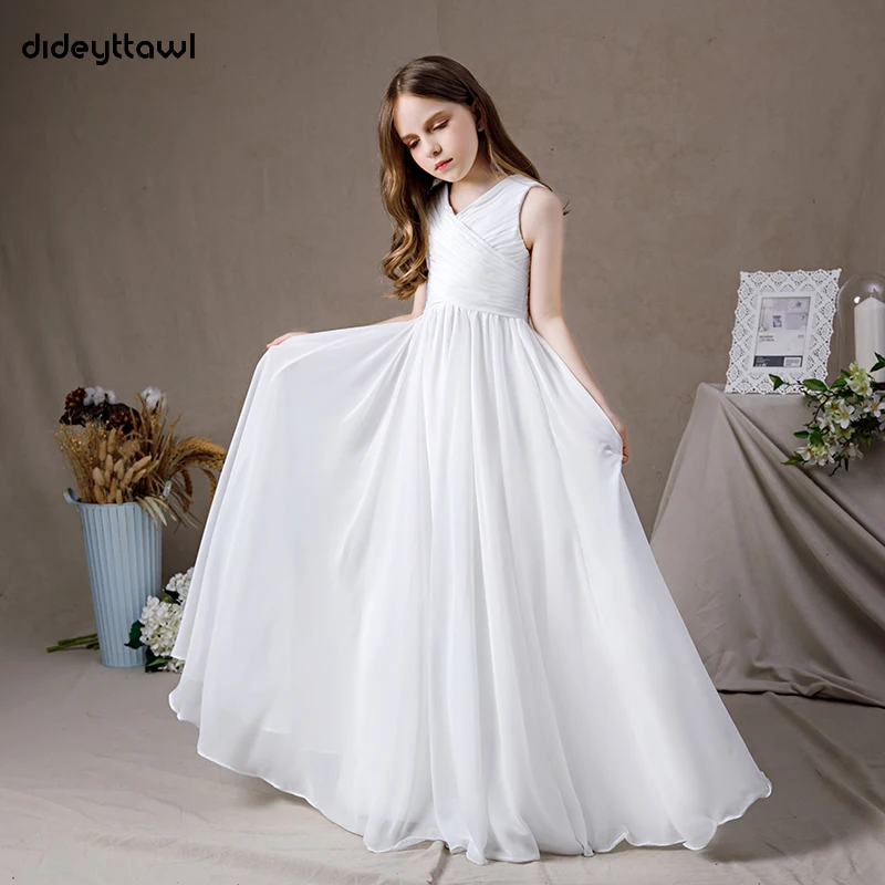 Dideyttawl Customized Chiffon Peated Floor Length Sleeveless Flower Girl Dress V Neck First Communion Gown Junior Concert Party