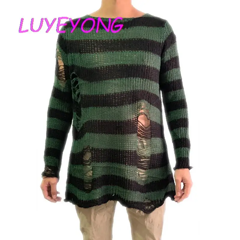 2024 Spring Man Pullovers Gothic Sweaters Punk O Neck Striped Long Sweater Unisex Hollow Out Long Sleeve Knitted Top Jumpers