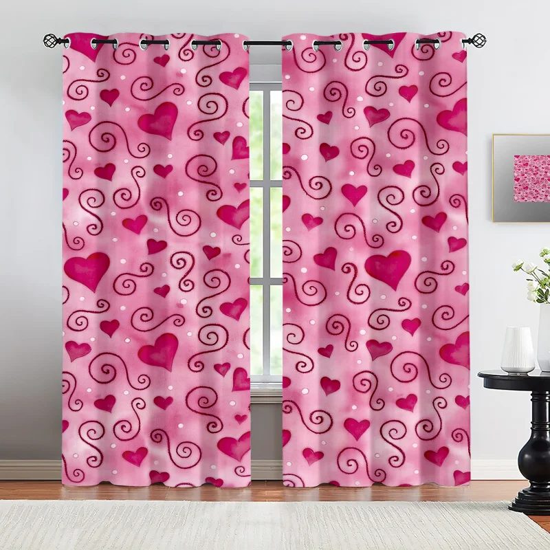 Pink Purple Heart Love Printed Curtains 2 Panels Light Blocking Rate 85% Darkening Decoration Curtains Romantic Window Drape