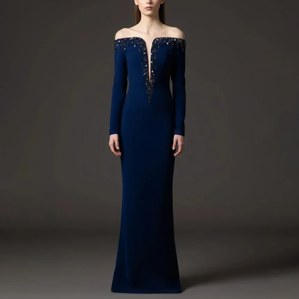 

Dark Navy Women's Evening Dress Customized Off The Shoulder Luxury Beaded Boat Neck Straight Long Maxi Dress Prom Dresses