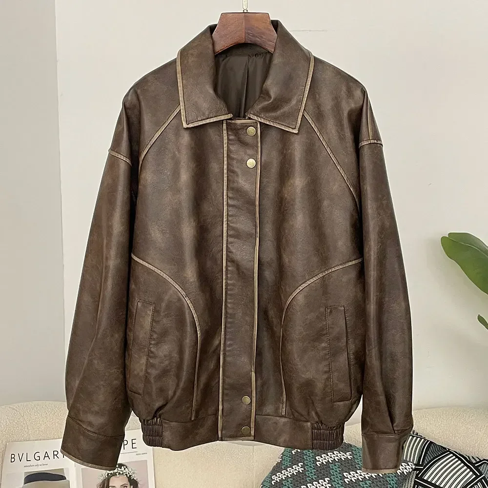 

Women Brown Pu Leather Jacket Long Sleeve Leatheroid Vintage Spring Autumn Cool Distressed Luxury Faux Leather Designer Clothing