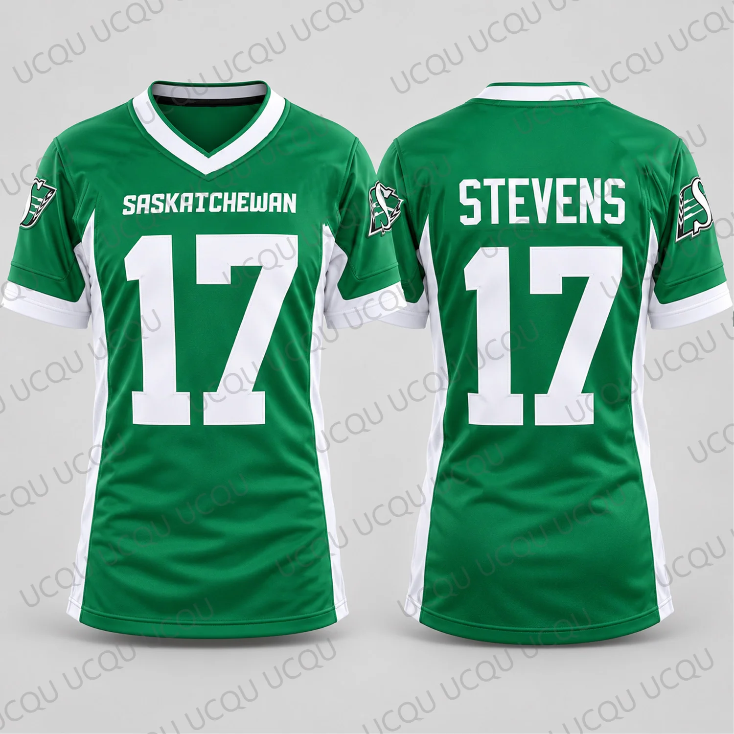Saskatchewan Stevens 17 Green Football Jersey V Neck Short Sleeve Fan Shirt Men Women Training Sportswear Top