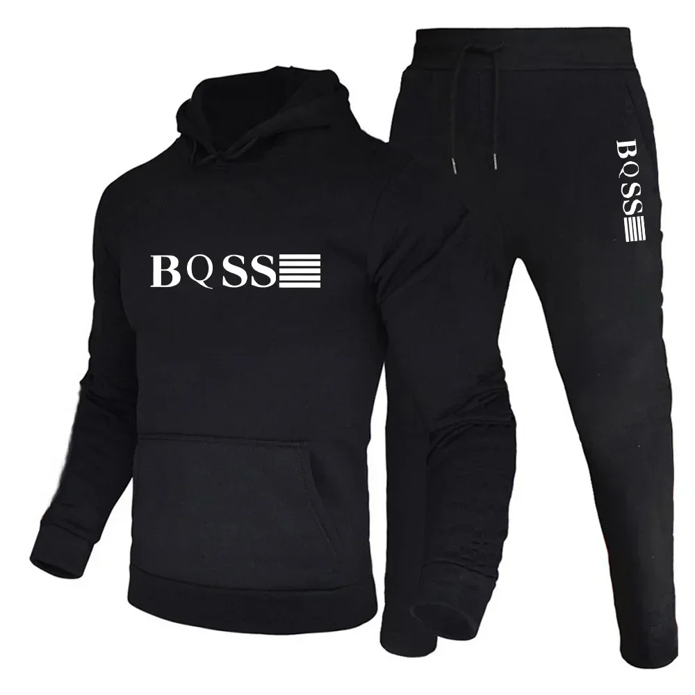 เสื้อสเวตเชิ้ตมีฮู้ดแฟชั่นสปอร์ตสำหรับผู้ชาย + กางเกงชุดสองชิ้นสำหรับการวิ่งในฤดูใบไม้ร่วงและฤดูหนาว ชุดกีฬาลำลองและฟิตเนส