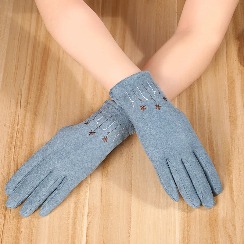 New Autumn And Winter Women Thicken Keep Warm Embroidery Suede Gloves Drive Cycling Cute Lovely Elegant Windproof Soft