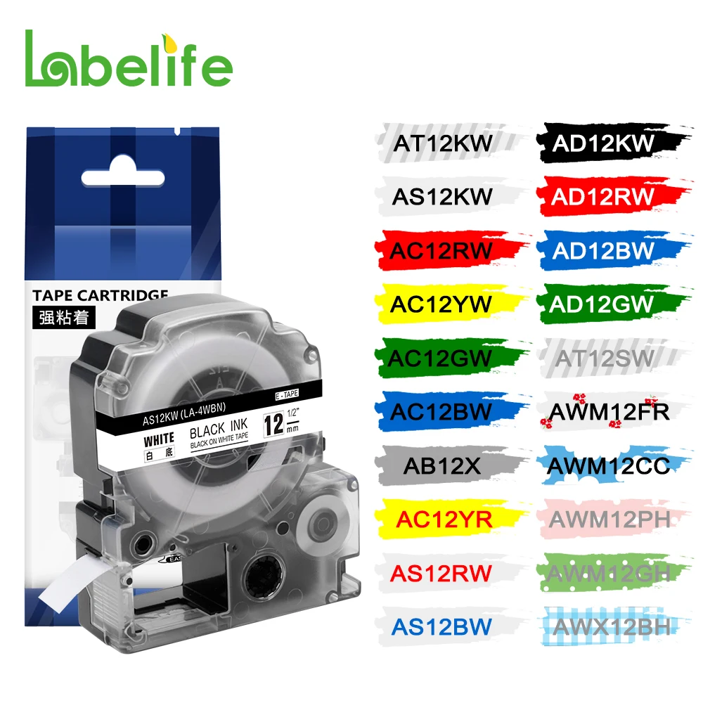 Compatible EPSON Label Tape 12mm 9mm 18mm SS12KW LC-4WBN for Label Printer LW-300 LW-400 LW-600P LW-700 ST12KW SC12KZ SM12ZW