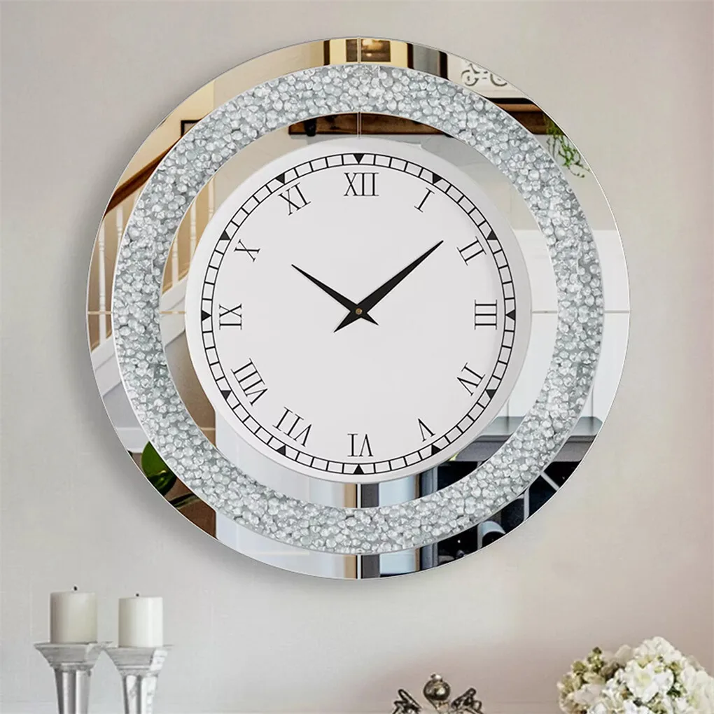 Large Wall Clock Silver Tawny Tinted Crushed Diamond Inlay Clock 60CM Round Decorative Mirrored Clock