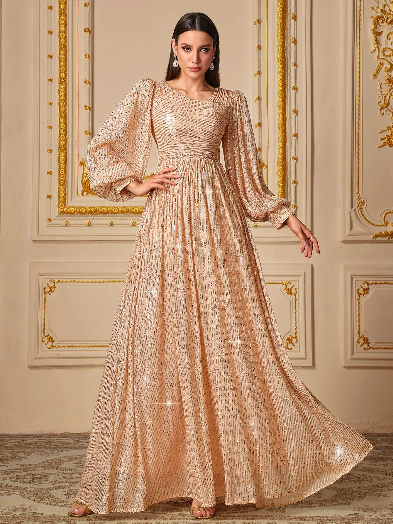 UNITHORSE Women's V-Neck Long Sleeve Sparkling Sequin Fish Tail Evening Party Dress One Piece Gown