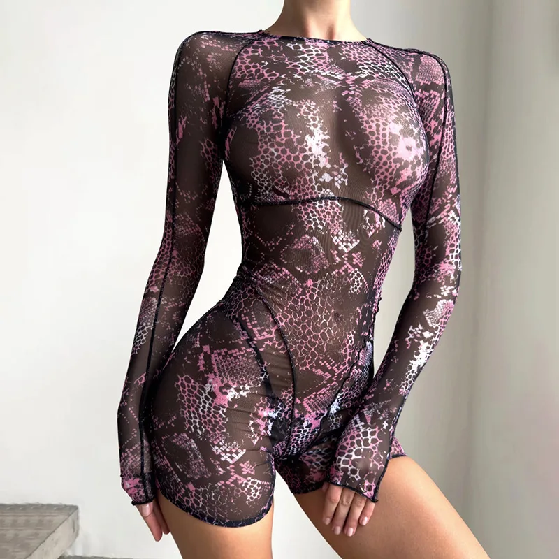 

Snake Animal Print Mesh Backless Sheer Pullover Crew Neck Shorts Full Sleeve Stretchy Cross Lingerie Adult erotic lingerie