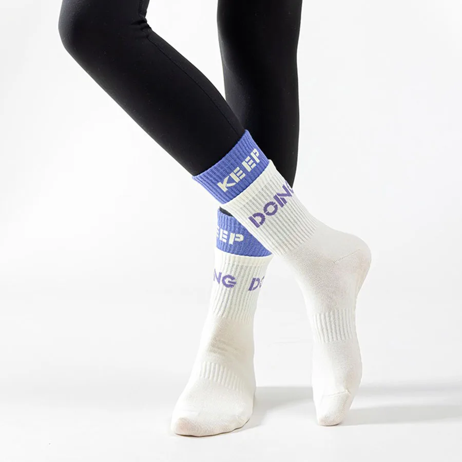4pairs Yoga Socks for Women Pilates Socks with Grips Cute Anti Slip Floor Socks Breathable Double Stripe Middle Tube Sport Socks