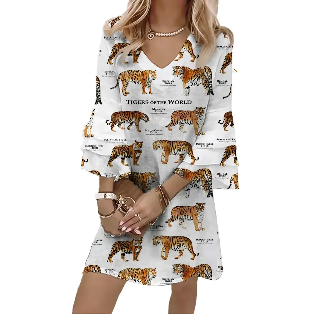 Jumeast Tigers Of The World Pattern Women Casual Flared Sleeve V-Neck Dress Dog Pattern Elegant Brahman Skirt Tropical Clothes