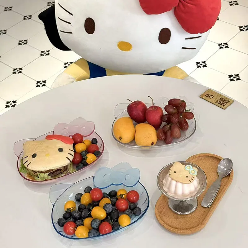 

Тарелка для фруктов Hello Kitty, круглая, прозрачная, в японском стиле, с милым мультяшным дизайном, для хранения закусок и ужина, для гостиной